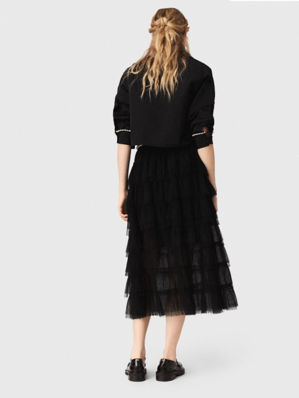 Maje Josepha Tiered Tulle Semi-Sheer Midi Skirt Size 36 Small Black Layered - Picture 3 of 15